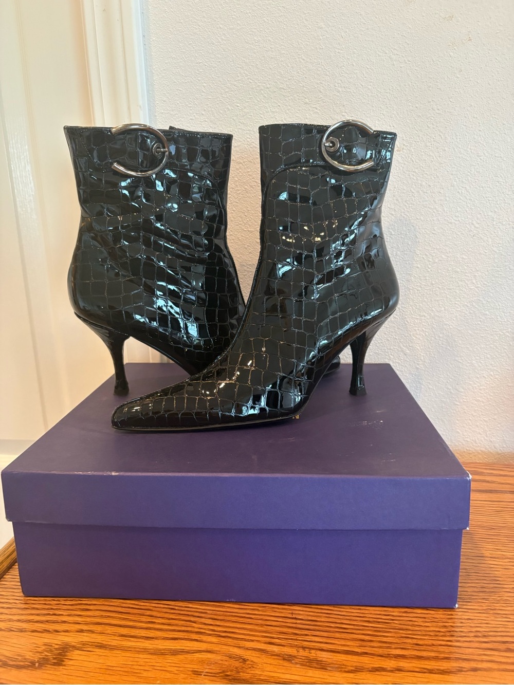 Stuart Weitzman Black Croc-Embossed Patent Ankle Booties with Silver Buckle